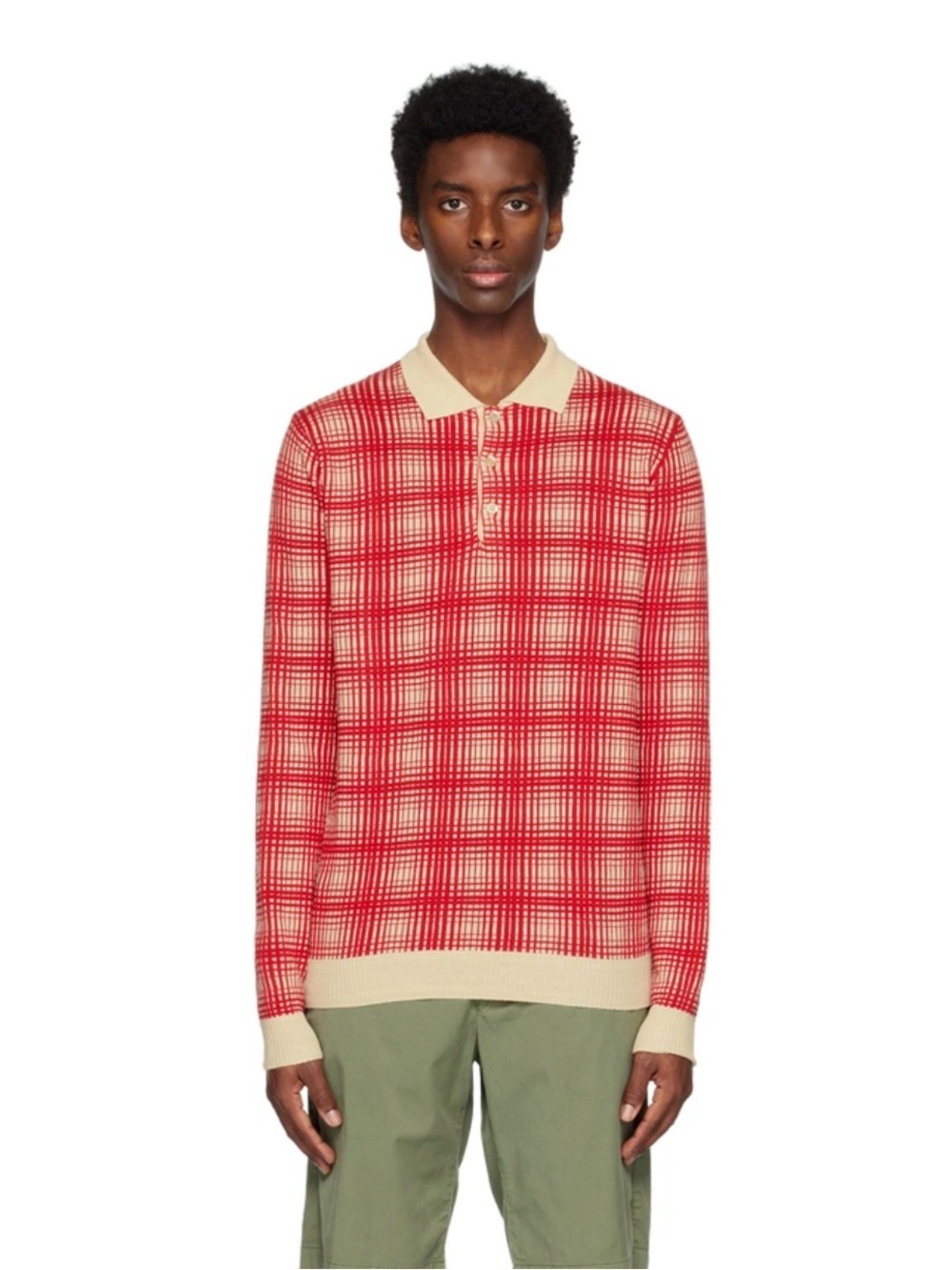 ASPESI Red & Cream Plaid Grid Knit Polo Sweater Linen Blend IT 46 US S/M